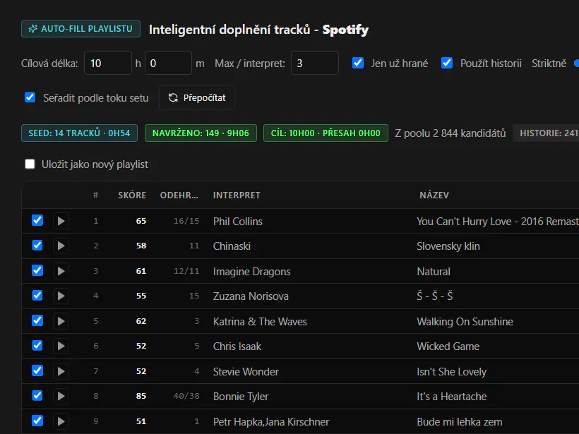 Screenshot z aplikace DJanalyzer: inteligentní doplnění playlistu ze 14 skladeb (0:54) na cílovou délku 10 hodin, 149 navržených skladeb se skóre a historií hraní