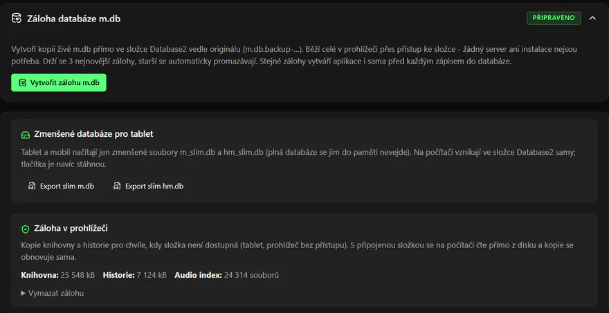 Screenshot z aplikace DJanalyzer: záloha databáze m.db, export zmenšených databází pro tablet a záloha knihovny v prohlížeči (25 548 kB)