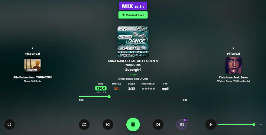 Screenshot z aplikace DJanalyzer: celoobrazovkový přehrávač s odpočtem MIX za 8 s, tlačítkem Prolnout hned a covery předchozí, aktuální i příchozí skladby