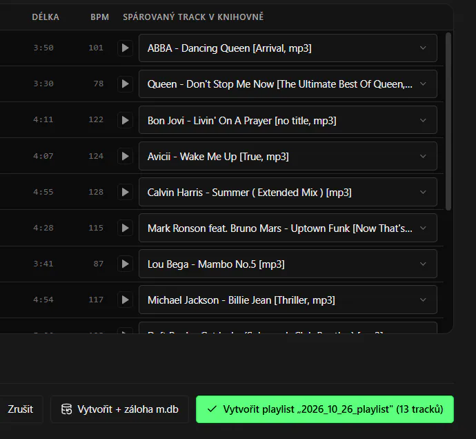 Screenshot z aplikace DJanalyzer: přání klienta spárovaná se skladbami v knihovně Engine DJ a tlačítko Vytvořit playlist (13 tracků)