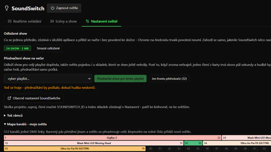 Screenshot z aplikace DJanalyzer: záložka SoundSwitch s uloženými show, přednačtením show pro playlist a mapou DMX kanálů světel