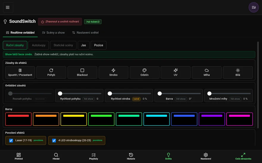 Screenshot z aplikace DJanalyzer na tabletu: SoundSwitch, záložka Realtime ovládání s tlačítky efektů (Spustit/Pozastavit, Pohyb, Blackout, Strobo, Odstín, UV, Mlha, Bílá), posuvníky rychlosti, barev a mlhy, paletou barev a povolením laseru a stroboskopů