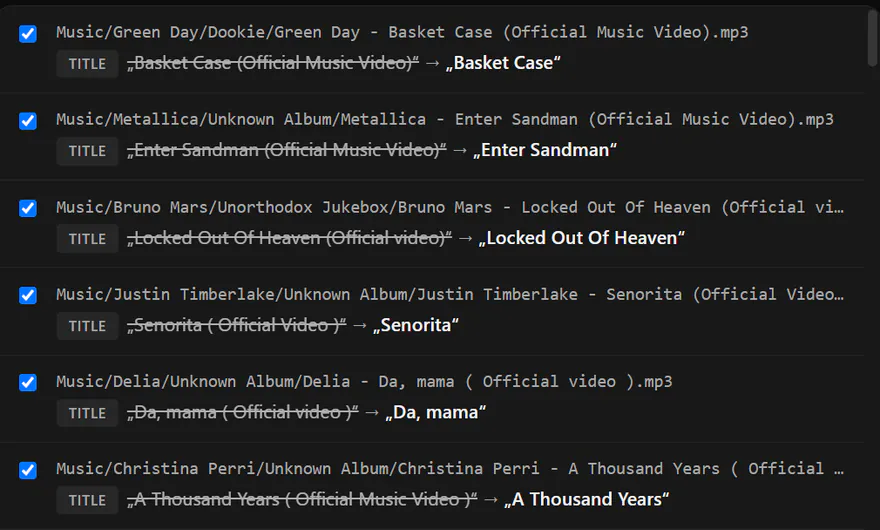 DJanalyzer screenshot: tag cleanup preview before and after, removing (Official Video) clutter from track titles