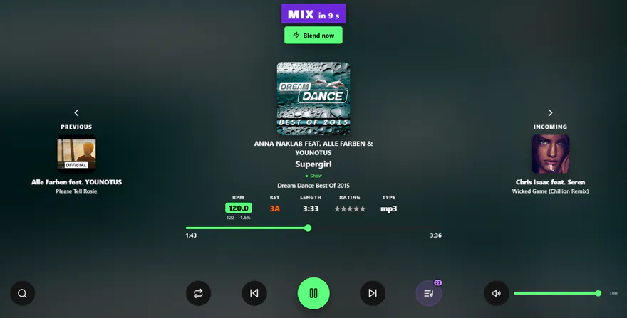 DJanalyzer screenshot: fullscreen player with a MIX in 9 s countdown, the Blend now button and album covers of the previous, current and incoming track