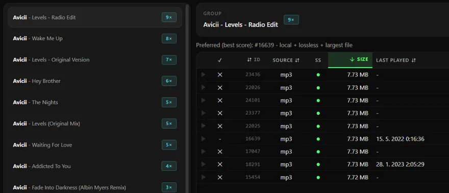 DJanalyzer screenshot: a group of nine duplicate copies of one track, the preferred copy and copies marked for deletion