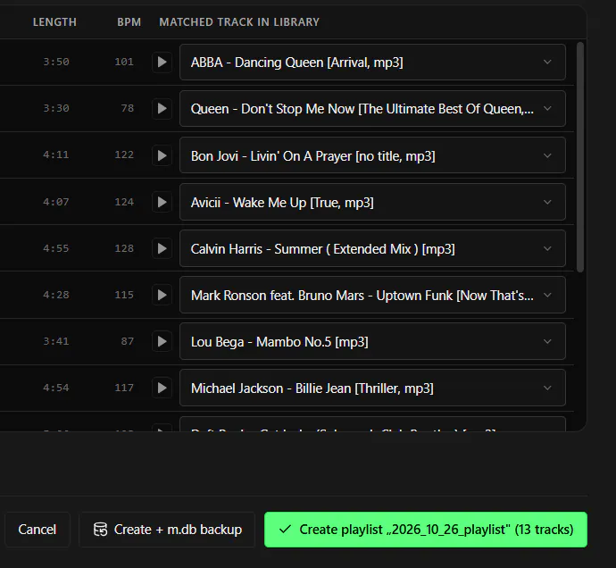 DJanalyzer screenshot: client requests matched to tracks in the Engine DJ library with the Create playlist (13 tracks) button