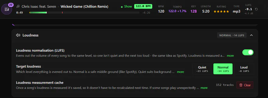 DJanalyzer screenshot: the track's measured LUFS loudness in the player bar and loudness normalisation set to −14 LUFS