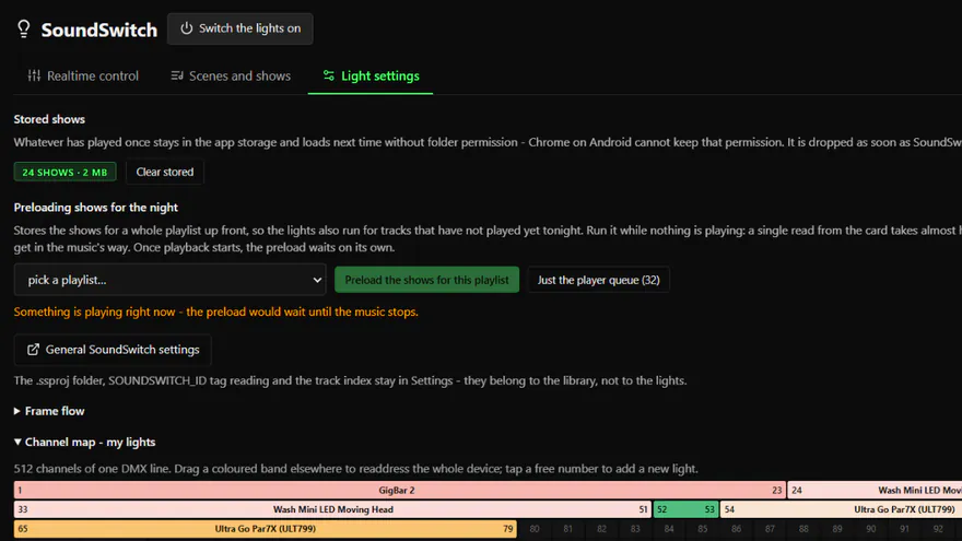 DJanalyzer screenshot: SoundSwitch tab with stored shows, show preloading for a playlist and the DMX channel map of the lights