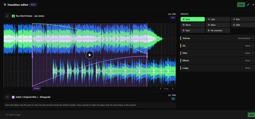 DJanalyzer screenshot: transition editor with both tracks' waveforms, 8-bar crossfade curves and transition presets